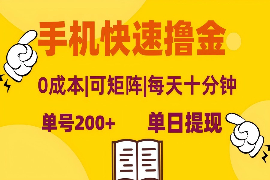 【1619】手机快速撸金，单号日赚200+，可矩阵，0成本，当日提现，无脑操作