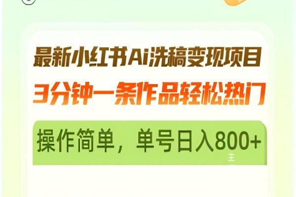 【1743】最新小红书Ai洗稿变现项目 3分钟一条作品轻松热门 操作简单，单号日入800+